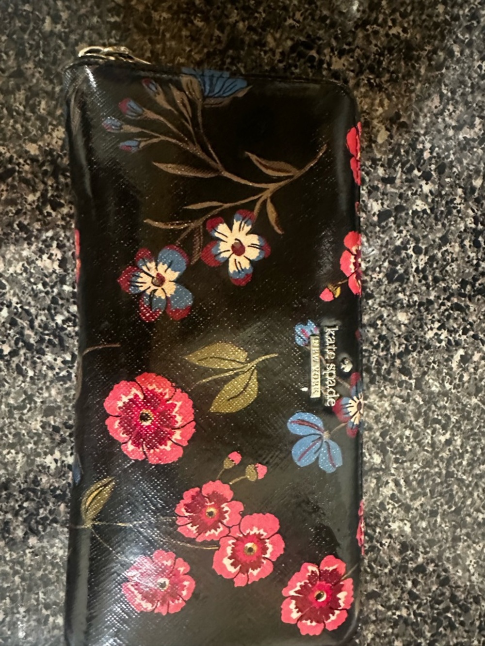 kate spade Black Floral Zip-Around Wallet with Pink and Blue Blooms